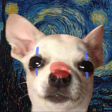 Logo de charlydoblec: un chihuahua payaso frente a La noche estrellada